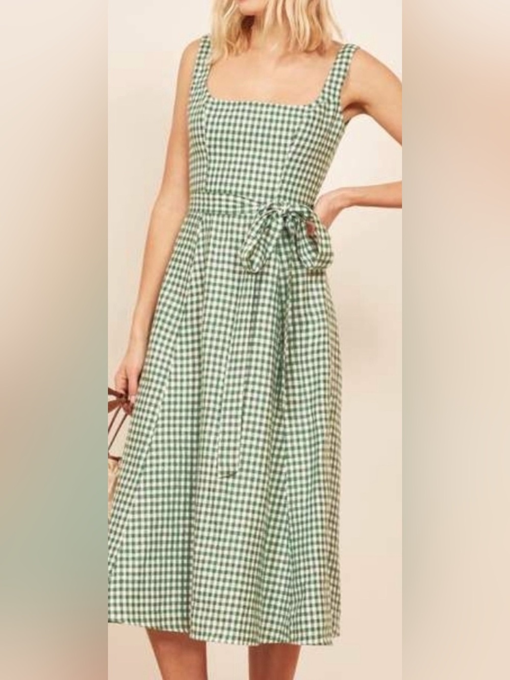 Reformation Garten Linen Green Gingham Tie-Waist Midi Dress